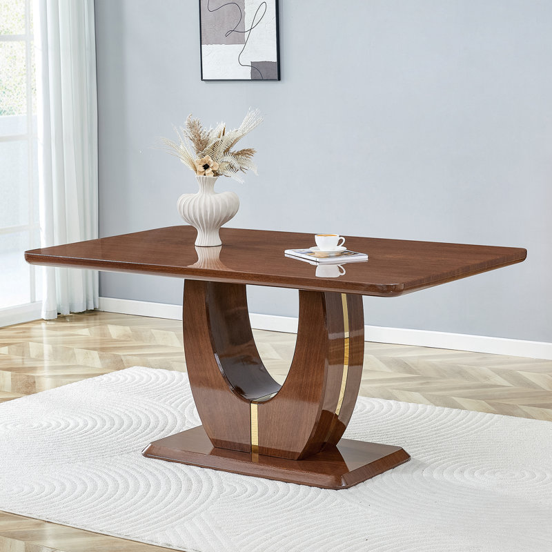 Rectangular Dining Table, Modern Table with U-Shaped Base, 30"H x 63"L x 37"W, White/Black Marble