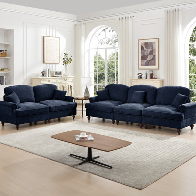 3 Seater And 2 - Seat Blue With Detachable Ruffles, Spindle Legs, Flower Shaped Backrests Petal Flared , Curved Cushion Back, High Density Foam For Comfort