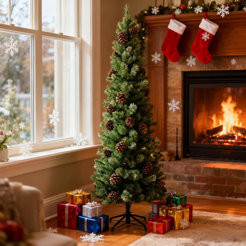 Arbre de Noël artificiel mince 9,5 pi, forme de crayon réaliste avec pommes de pin et 1132 pointes, support en métal ignifuge | Idée de cadeau