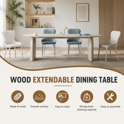 Wood Extendable Dining Table, Modern Oval Kitchen Table with Stylish Dual-Pillar Design, Perfect for Home Dining & Gathering, Multi-functional and Spa