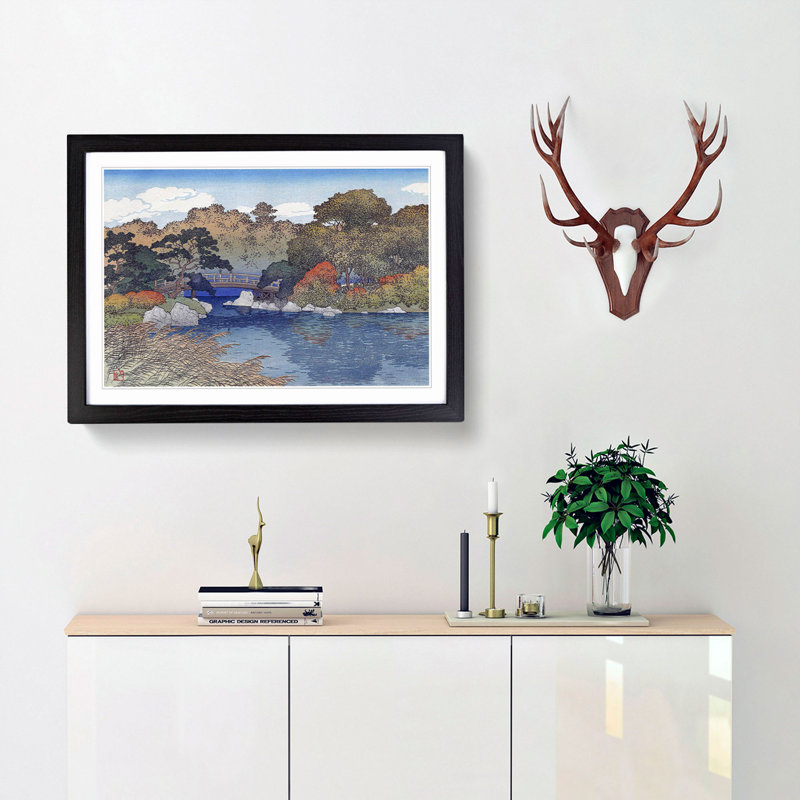 The Garden in Autumn by Hasui Kawase - Picture Frame Painting Print, 27cm H x 36cm W x 2cm D, Black Framed