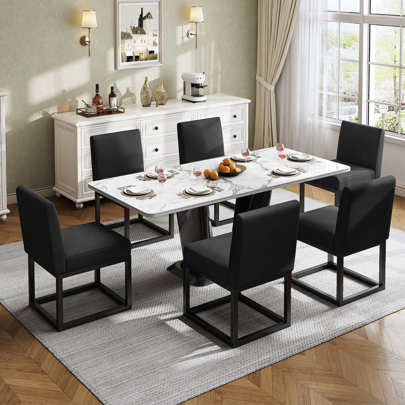 19" H Modern Linen Upholstered Dining Chairs With Metal Frame, Black, Black