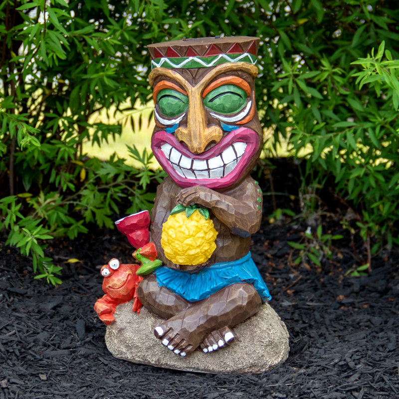 13.75" Solar Lighted Polynesian Tiki Statue with Pineapple