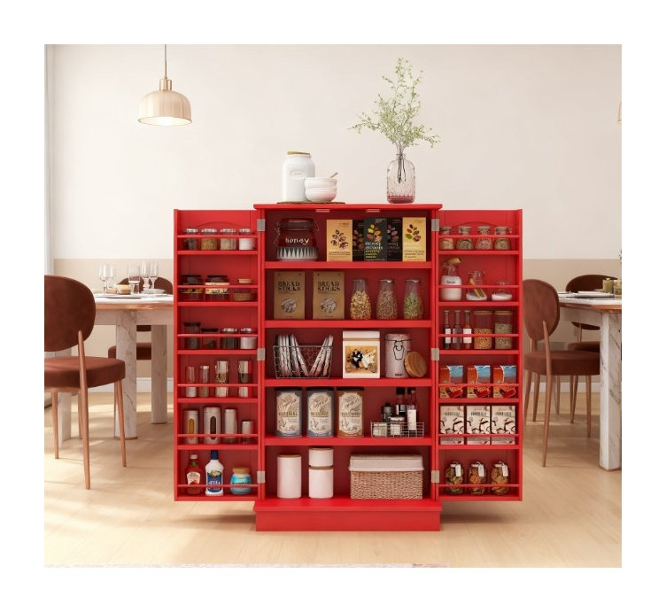 Armoire de cuisine rouge avec tablettes réglables