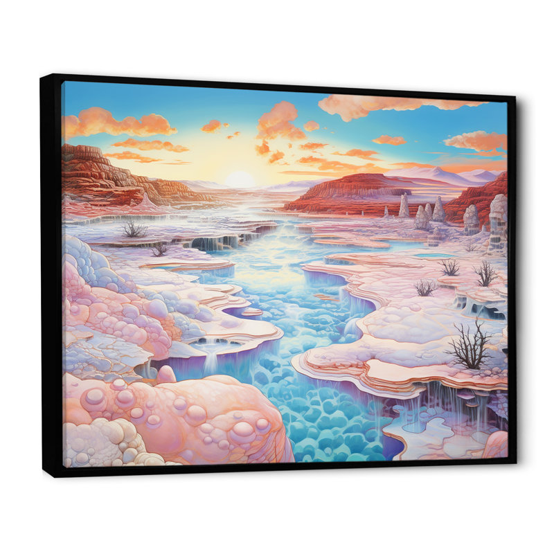 Paysage de kawaii, rêve de geyser rose I, Cadre flottant noir, H 34 po x l 44 po x P 1,5 po