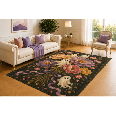 Tapis à motif de pivoines fantômes 5 pi x 7 pi «Ultra Léger», motif floral gris anthracite avec des esprits flottants et des rubans attachés, décoration de sol gothique pour la chambre à coucher, le salon ou la salle de lecture