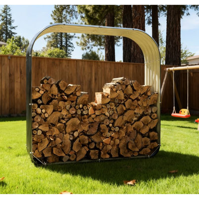 Rangement extérieur pour le bois de chauffage en acier galvanisé avec plateau enveloppant, rebord caoutchouté, bois vieilli, 7 fond, l 57,1 po x P 16,9 po, support gris foncé en acier, protection des bords, ventilation, utilisation,
