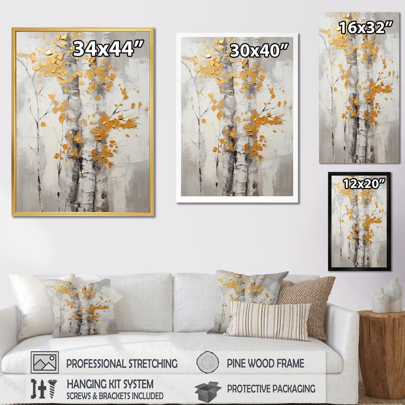 Arbre murmure de gris et de jaune I - art mural floral et botanique dans le salon, H 44 po x l 34 po x P 1,5 po