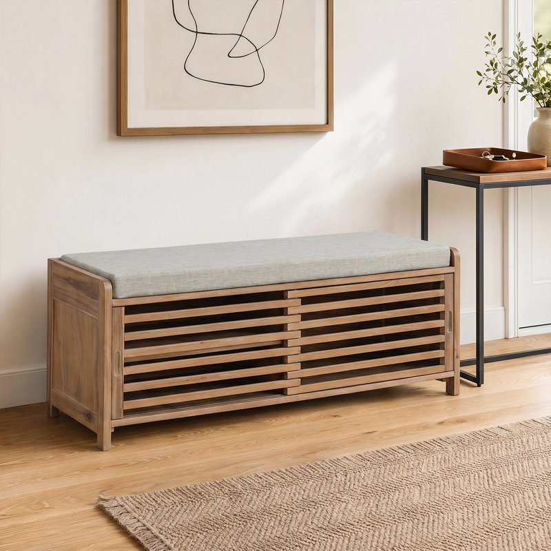 Rustic Entryway Storage Bench With Cushion - Shutter Door Organizer For Shoes And Accessories, Brown