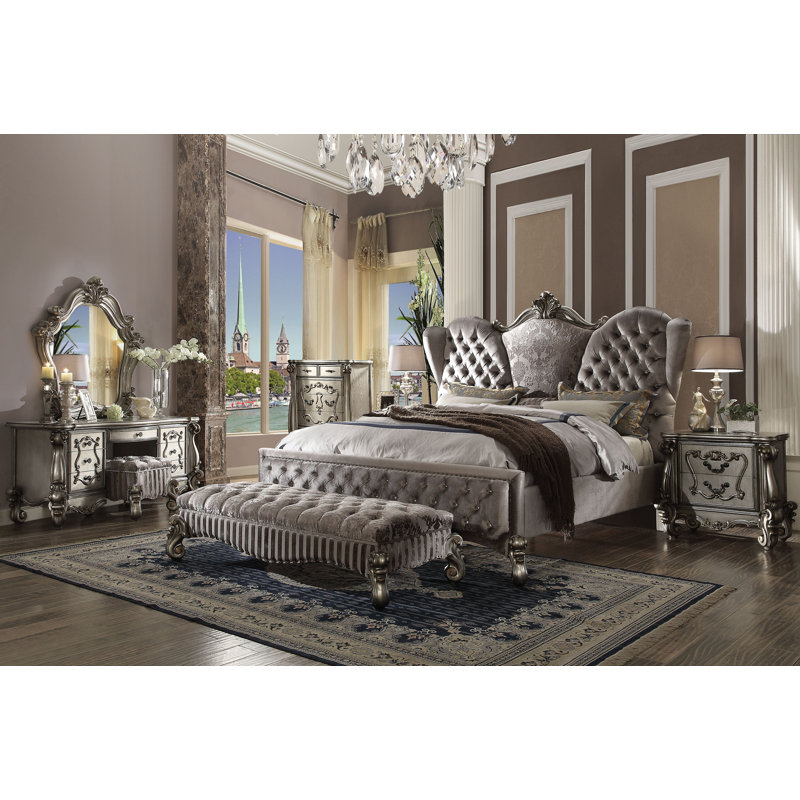 Aubreana Fabric Upholstered Bedroom Bench, Gray, Antique Platinum