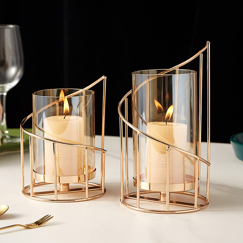 Ensemble de 2 porte-bougies en fil de fer, porte-bougies pilier en verre, bougeoirs décoratifs à thé or pour centre de table