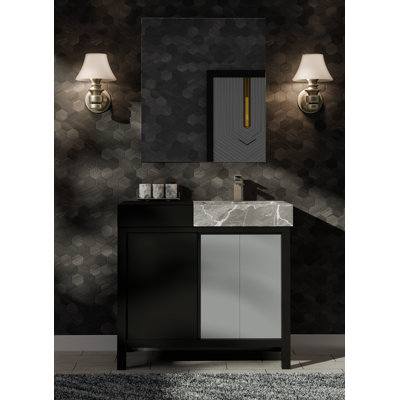 Sanibel Black and Gray Single Bath Vanity, Castle Gray Marble Top and 30 in Mirror