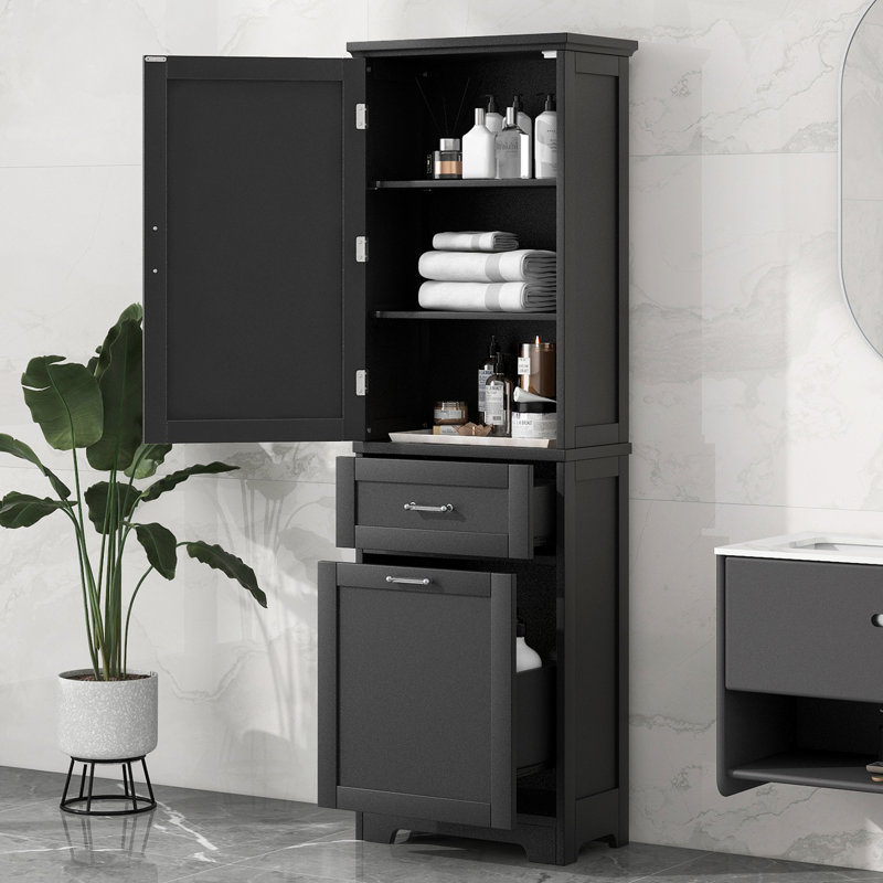 Grande armoire de rangement pour salle de bain, armoire de rangement autoportante avec deux tiroirs de différentes tailles et tablette réglable, panneau de fibres à densité moyenne avec finition peinte, noir (ancien numéro de référence: WF312730AAB)