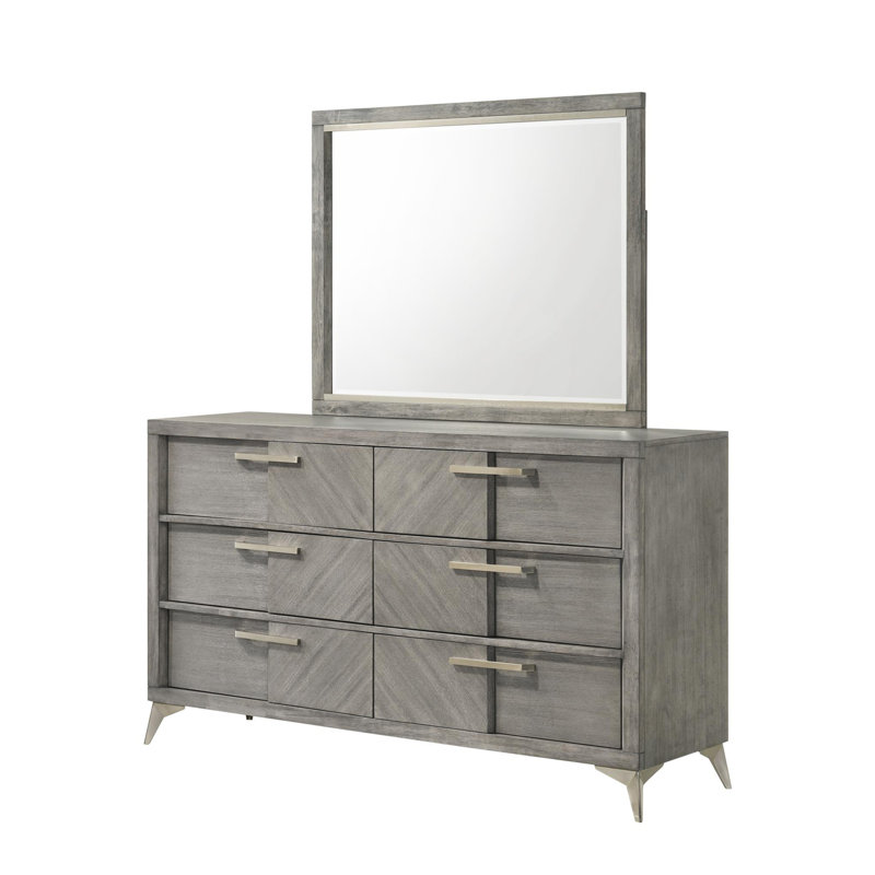 Commode 6 tiroirs en placage assorti gris