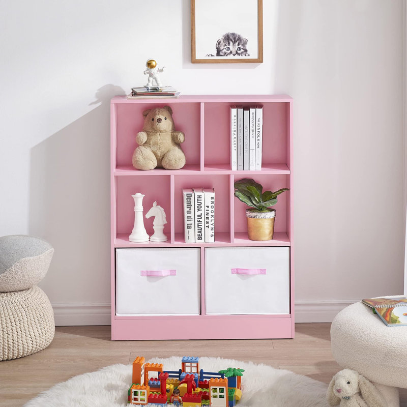 Amaiah 3-Tier Storage Bookcase, 7 Cube Open Shelves with Fabric Drawers, Wood Display Cabinet