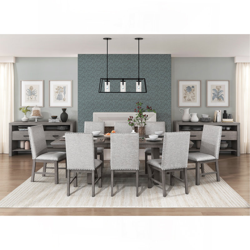 Rustic Design Dining Table 9Pc Set Gray Finish Table W Extension Leaf And 8X Fabric Upholstered Side Chairs Modern Dining Room Furniture
