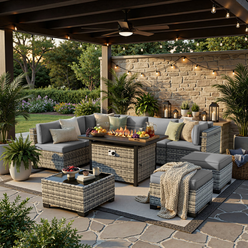 10-Piece Outdoor Patio Conversation Set With 55,000 BTU Propane Fire Pit Table, Wicker Sectional Sofa, 2 Ottomans & Coffee Table