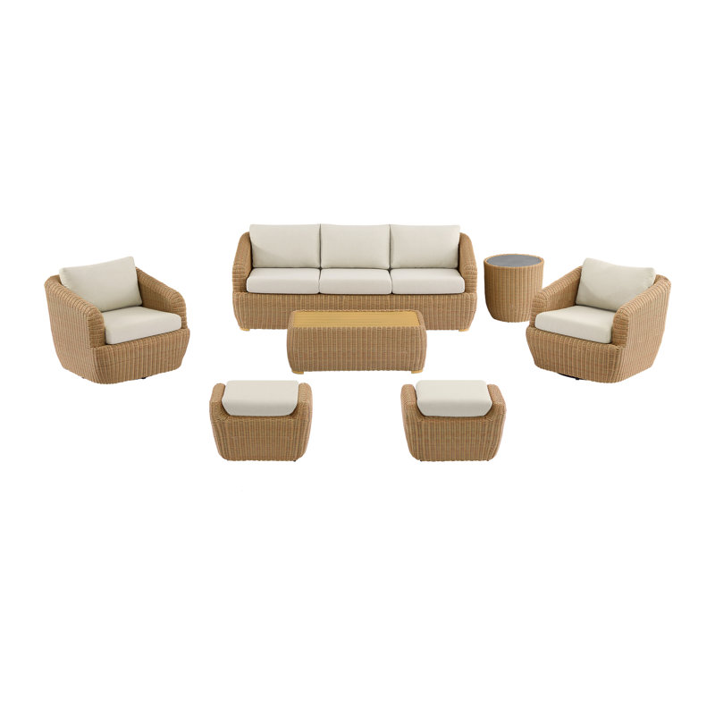 Ensemble de conversation d'extérieur en osier avec chaises pivotantes Cambelle, Coussin crème/Cadre brun clair