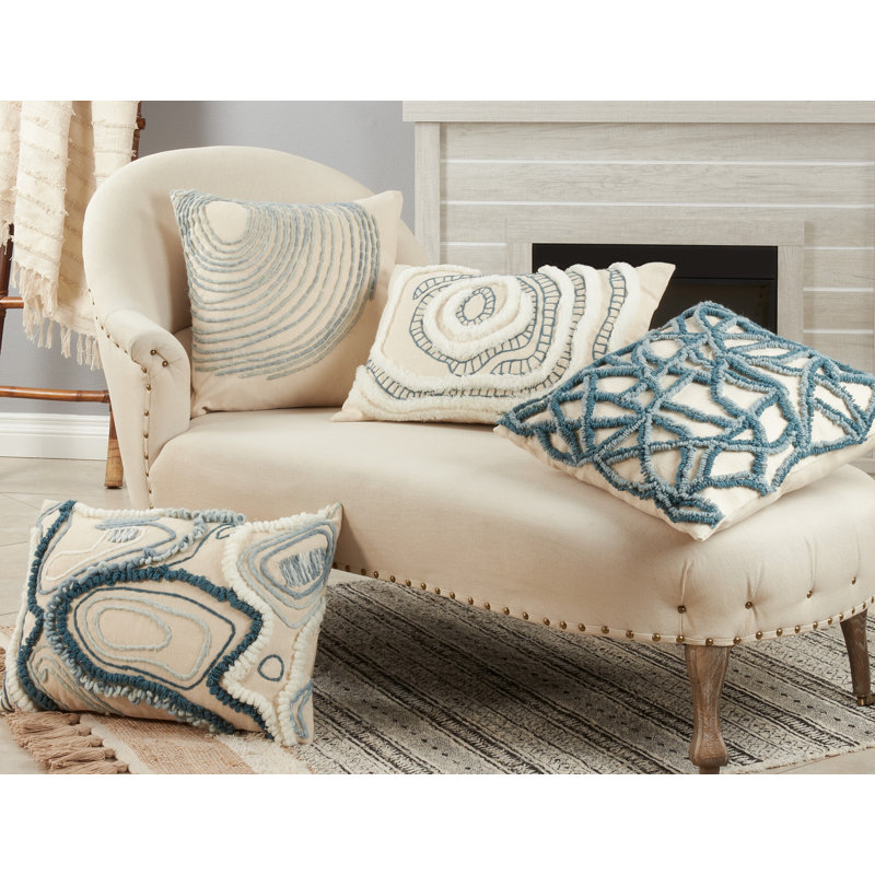 Blue Embroidered Cotton Square Throw Pillow