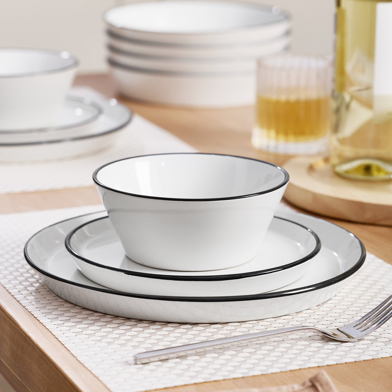 Service de table 12 pièces en grès, assiettes et bols pour 4 personnes, Blanc avec bordure noire