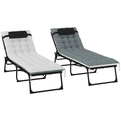 Outdoor Chaise Lounge Chair Set Of 2, 5-Level Adjustable Folding Pool Lounge Chairs With Cushions, Black/Gray