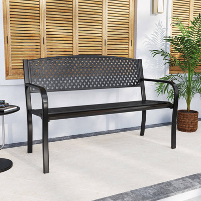 50 Inches Garden Bench Outdoor Bench with Patterned Backrest and Curved Armrests by Winston Porter