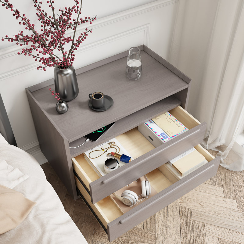 Table de chevet 2 tiroirs Mid-Century avec prises, Gris