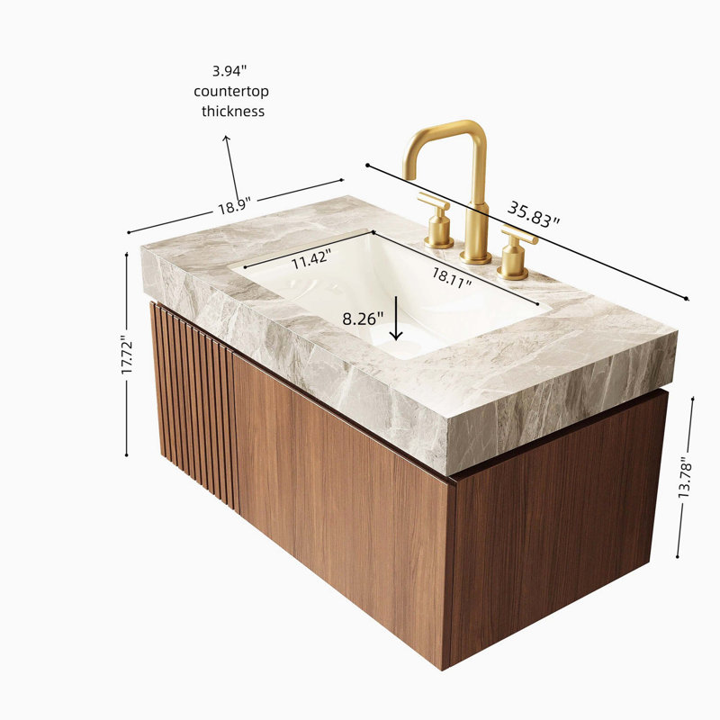 Meuble-lavabo flottant en contreplaqué avec tiroir et porte, comptoir en pierre frittée et lavabo en céramique avec trous de robinet pré-percés