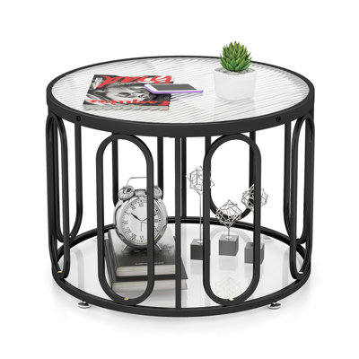 Hommoo 24 Inch Round Swivel Coffee Table with Reeded Tempered Glass Top, Metal Frame, 2-Tier Living Room Table with Adjustable Feet, Black & Transparent