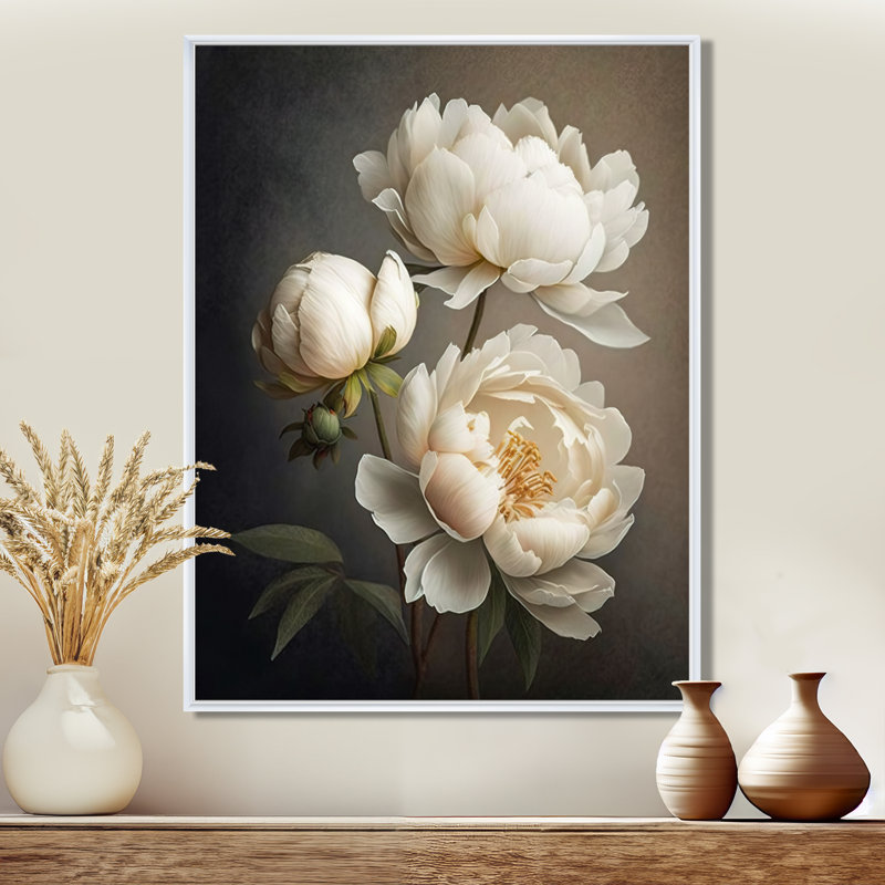 Peony Flower IV - Print on Canvas, 32" H x 24" W, White Floater Framed