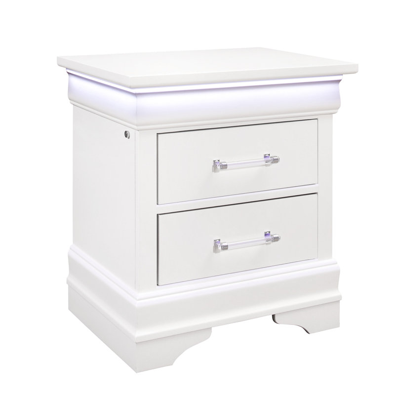 Table de chevet spacieuse à 2 tiroirs avec DEL - bois massif blanc + fabrication stable
