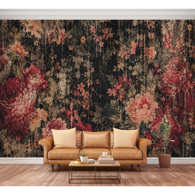 Wall Mural Peel and Stick Wallpaper Vintage Abstract Floral Red Orange Green Black Self-Adhesive Removable Contact Paper Wall Decor for Living Room Bedroom 100"H x 144"W