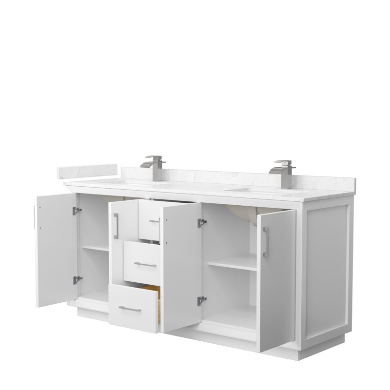Ensemble de meuble-lavabo double 72 po Strada, Nickel brossé, Blanc, Marbre de culture de Carrare