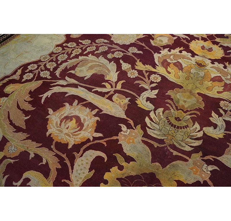 1880s Red-Wine Medallion Antique Indian Amritsar Carpet 18'10"x20'10" Wool Rug