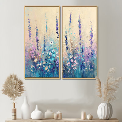 Floraison de fleurs de prairies mauves et bleues - art mural traditionnel multicolore