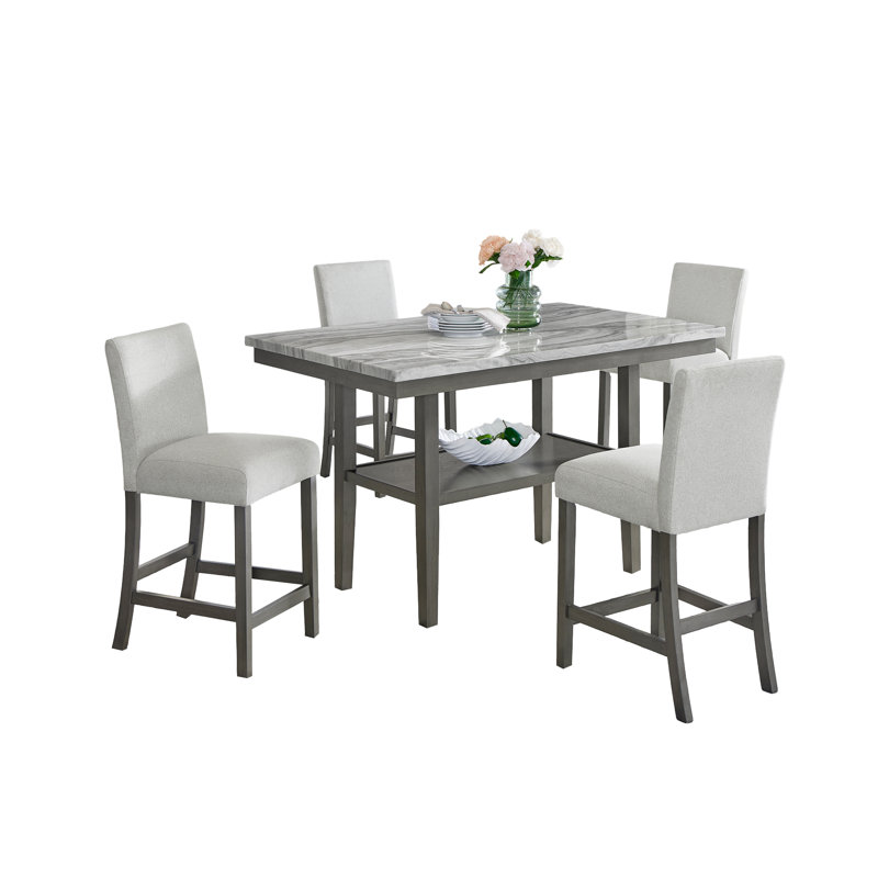 Dunsizer 5-Piece 60" Rectangular Gray Faux Marble Counter Height Dining Set With Storage Shelf & Light Gray Upholstered Chairs