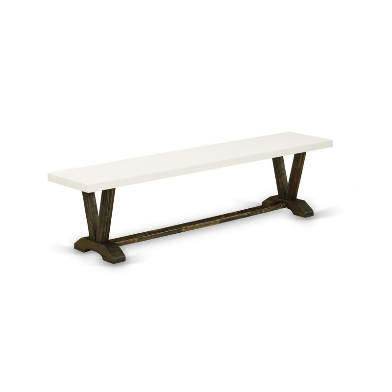 V-Style Modern Dinette Bench with Wooden Seat, Linen White, Linen White/Distressed Jacobean, 18" H x 15" W x 72" D