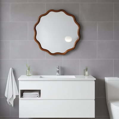 Miroir décoratif rond en bois massif ondulé de couleur noyer noir de 30 pouces, pour chambre à coucher, salle de bain, salon, entrée