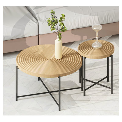 Ensemble 2 pièces tables basses et tables de bout avec paniers imperméables, fabrication en panneau de fibres à densité moyenne et en PVC, finition chêne et blanc antique