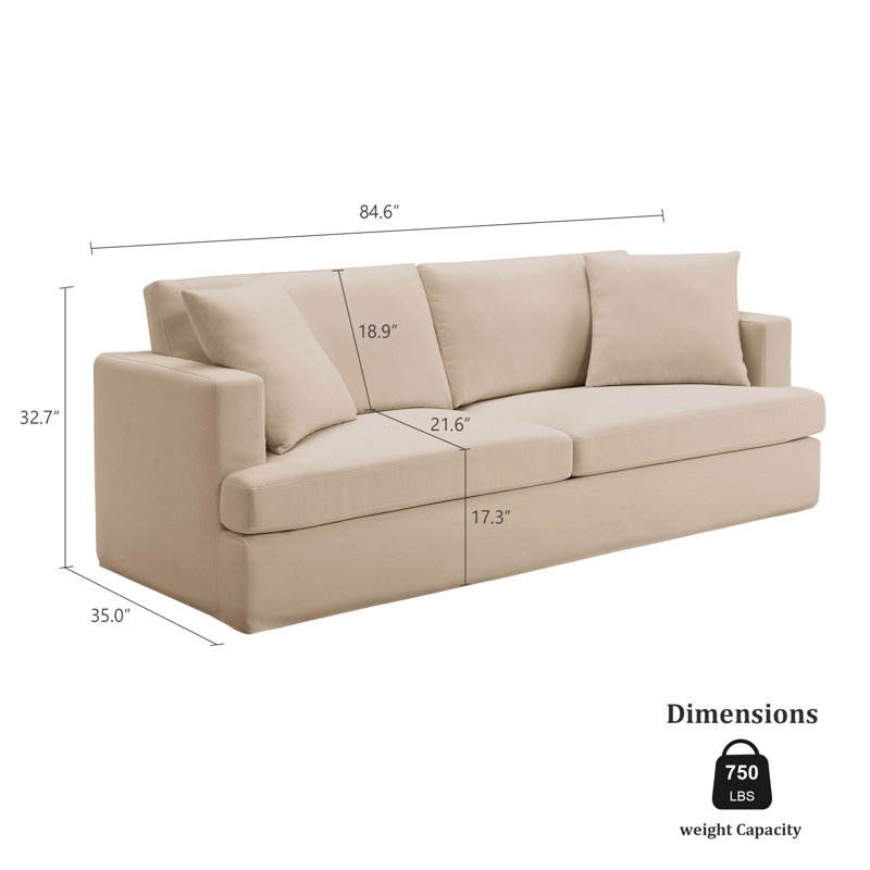 Gilba 84.6'' Wide Arm Upholstered Cloud Couch White Slipcovered Sofa, Beige Linen