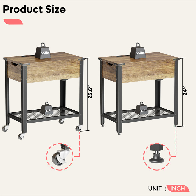 Haigh End Table with Removable Laptop Desk and Charging Stations, Brown