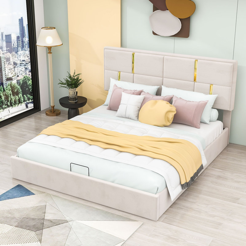 Lit plateforme tapissier avec rangement Hristofer, Grand, Beige