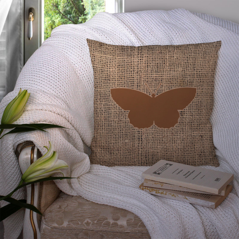Coussin décoratif d’intérieur/d’extérieur à imprimé graphique papillon en toile jute, H 18 po x l 18 po x P 5,5 po, Brun