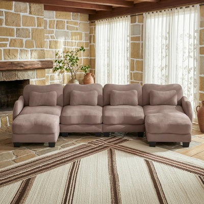 4-Seat U-Shaped Modular Sectional Sofa with 2 Movable Ottomans, 4 Lumbar Pillows and Ergonomic Curved Arms