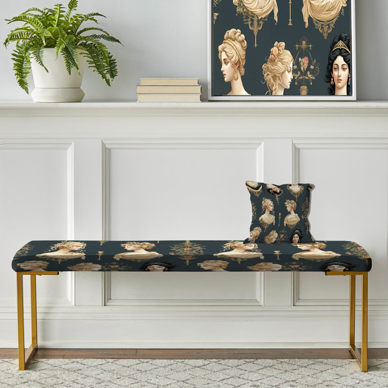 Beige Victorian Cameo Portraits - Floral Upholstered Gold Bench