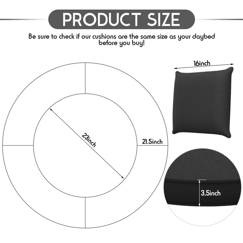 66" Outdoor Daybed Cushion Waterproof Replacement Round Bed Cushion, Black
