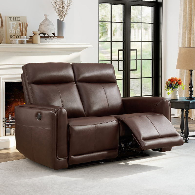 Causeuse inclinable électrique en cuir 44,88 po de large avec USB et Type-C, Espresso Brown