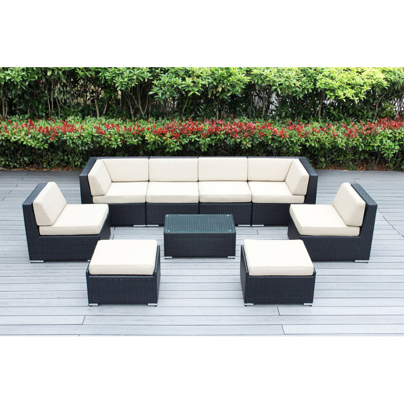 Ensemble de conversation en osier pour 8 personnes avec coussins - aucun assemblage, Noir