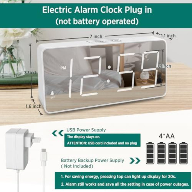 Digital Alarm Clock for Bedroom Bedside, Large Display 5 Dimmers