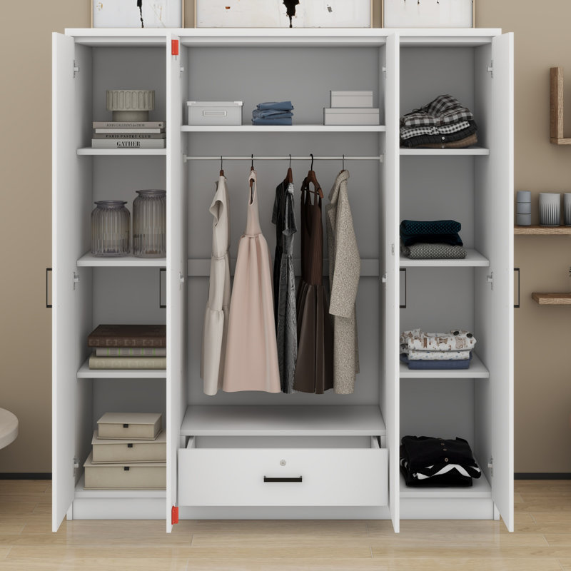 Armoire-penderie 4 portes avec 1 tiroir et 1 tablette, armoire moderne en bois avec tringle, Blanc